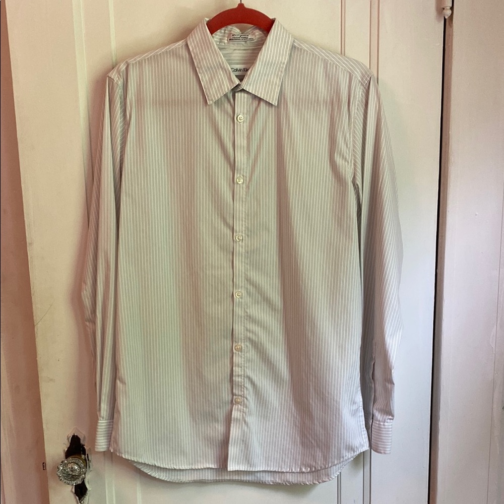 Calvin Klein Men's White & Light Grey Striped Dress Shirt